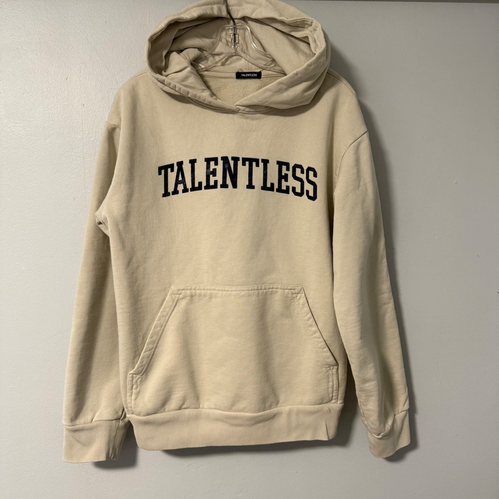 TALENTLESS‎ Cream Beige Pullover Hoodie Sweatshirt Graphic Print Casual Size M
